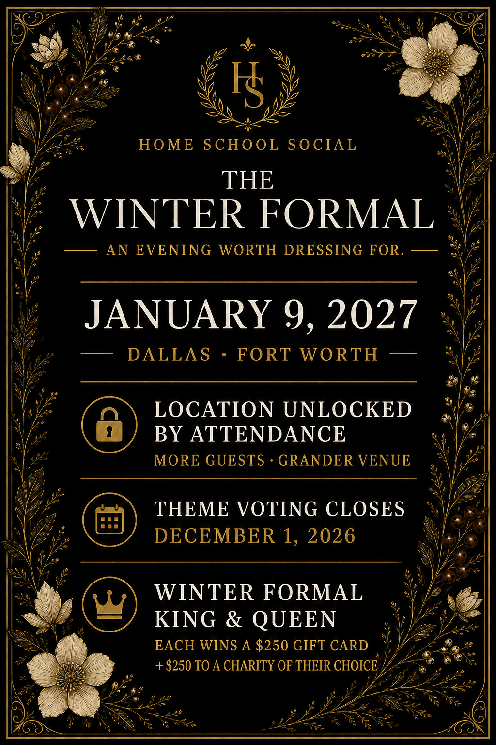 Black and gold Gilded Garden After Dark formal theme concept