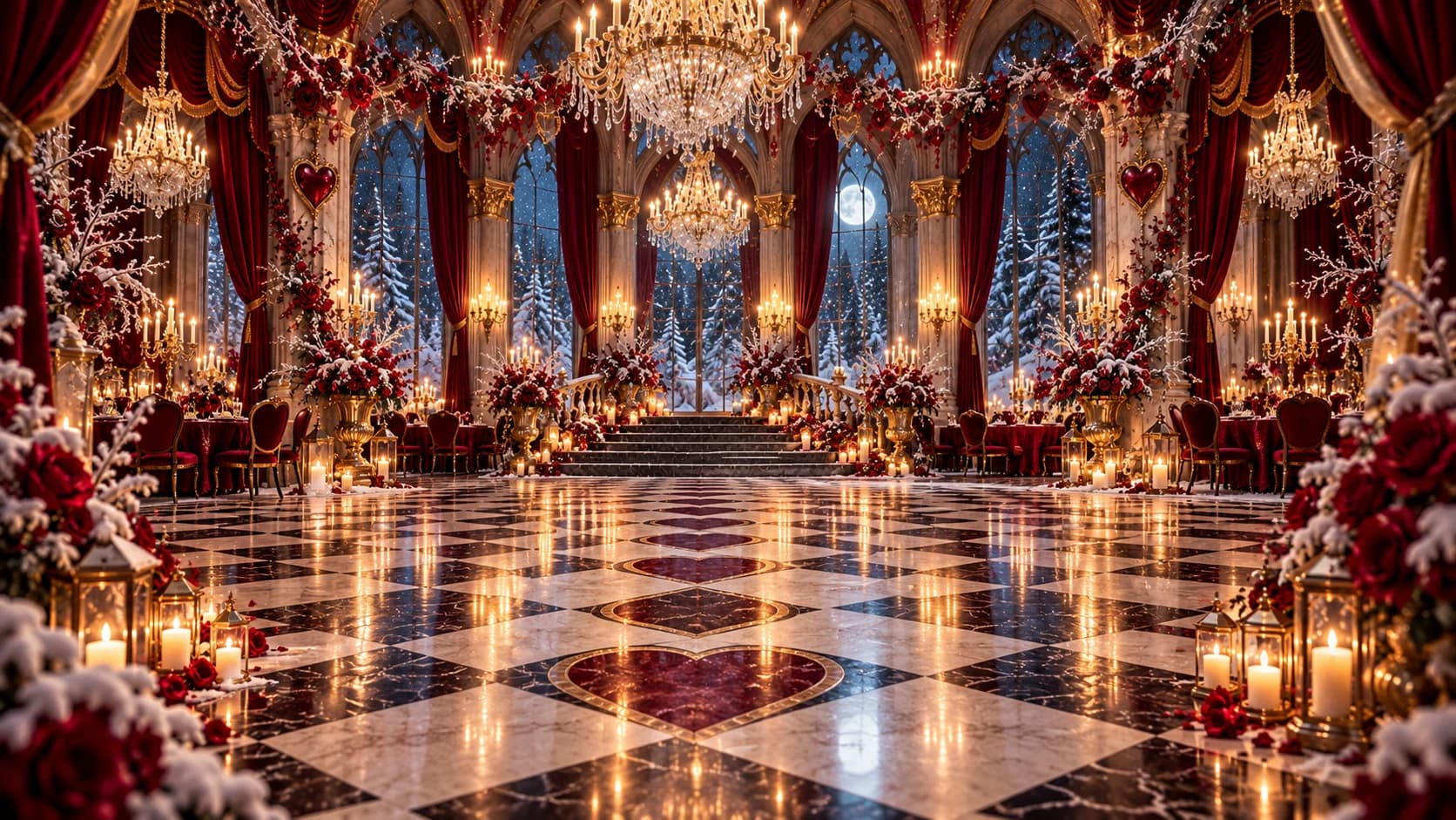 Alice in Winterland - The Queen of Hearts Ball dance floor concept